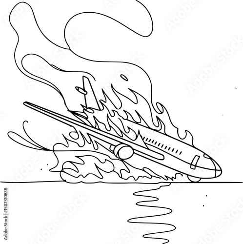 Minimalist Black and White Airplane About to Crash in Flames, Tattoo Style Line Art Vector, Dramatic Fire and Smoke Illustration, Distressed Plane Graphic, Conceptual Design for Apparel and Prints