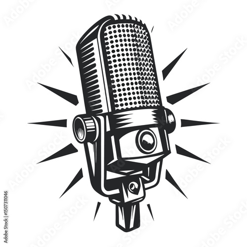 Bold Monochrome Vintage Microphone Illustration with Starbursts for Radio, Podcast or Audio Recording.                                                