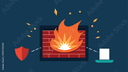 Firewall Disturbance An illustration of a digital firewall being breached with sparks and flames showcasing the hackers effort to break through.