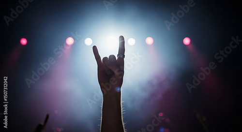 Hand making a rock star sign in front of a vibrant concert stage filled with lights and energy, Generative AI.