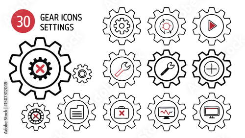 Outlined Gear and Settings Icon Set – Configuration, System, and Software Symbols