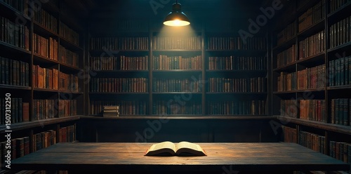 A shadowed bookstore interior, shelves overflowing with books, a single spotlight illuminating a mysterious object on a table; a sense of intrigue hangs in the air , novel, evidence