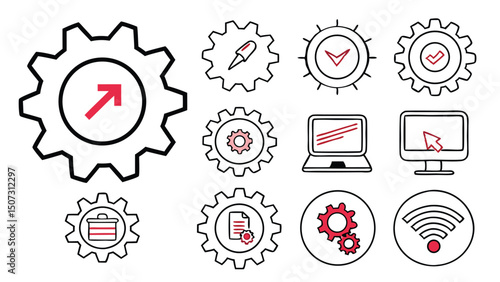 Outlined Gear and Settings Icon Set – Configuration, System, and Software Symbols