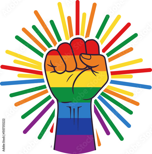 Rainbow pride fist symbol in graphic style representing empowerment freedom and equality for pride month