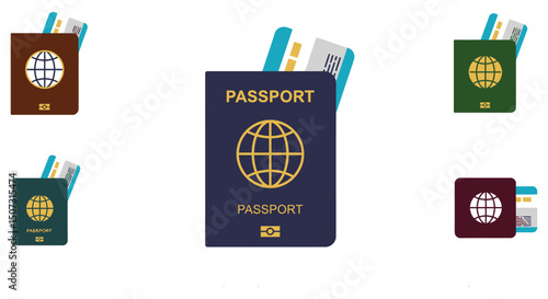 vector of a passport with a plane ticket partially visible, tucked inside. Clean, minimal design on a white background, ideal for travel apps, vacation planning, airline, tourism, and passport control