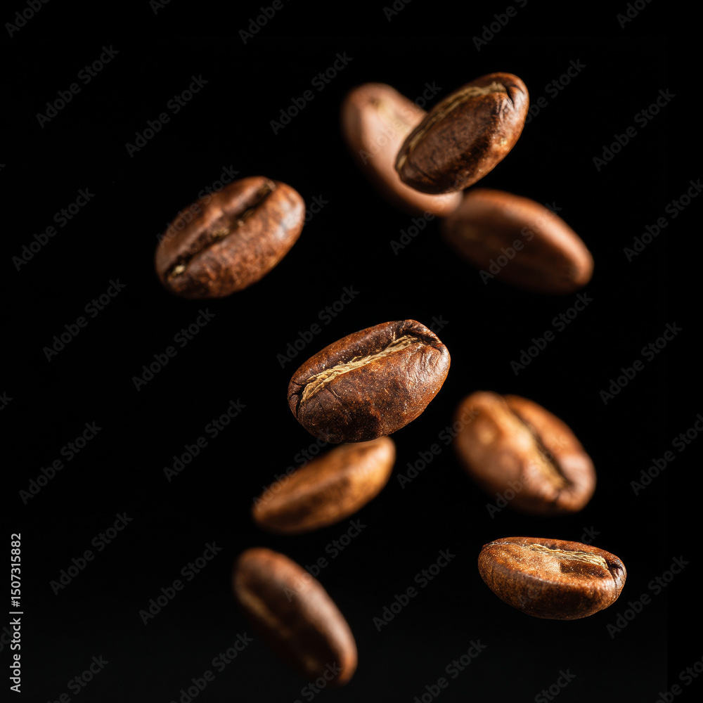 Coffee beans float against a dark background Coffee beans float against a dark background