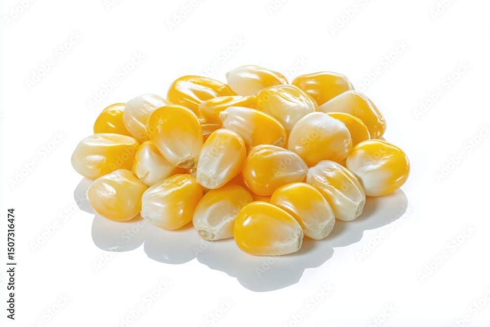Fototapeta premium Pile of Fresh Corn Kernels on White Background - Macro Food Photography, Sweet Corn Seeds, Healthy Eating, Agriculture