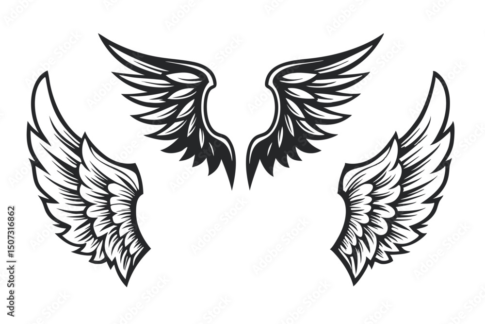 Elegant Angel Wing Illustrations: Black and White Vector Graphics for Symbolism and Design, Isolated on White Background                              