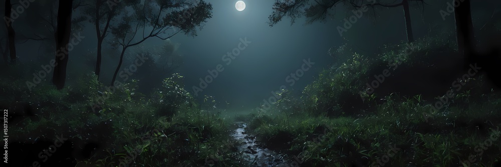 Naklejka premium Mysterious Night Nature Scene with Moonlight, Mist, Stars, Forest Atmosphere, Cinematic Mood, Realistic Landscape Art