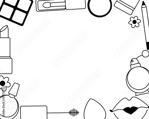 Cosmetics and accessories Makeup tools rectangle frame template. Vector graphic line illustration. Hand drawn images blush mascara eyeshadow powder cream foundation brush.