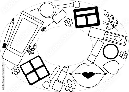 Decorative and skin care cosmetics. Makeup tools oval frame template. Vector graphic line illustration. Black and white cosmetic makeup art. Layout with makeup, visage accessories.