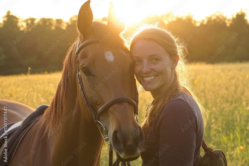 Obraz premium Joyful Young Woman Enjoying Summer Sunset with Her Beautiful Horse in a Sunlit Meadow