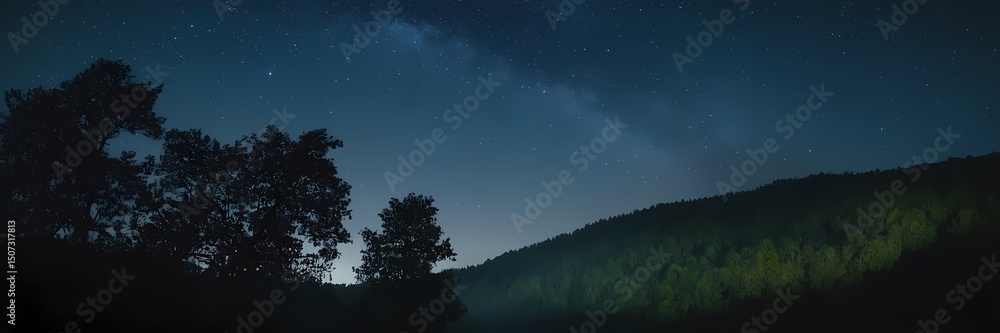 Fototapeta premium Mysterious Night Nature Scene with Moonlight, Mist, Stars, Forest Atmosphere, Cinematic Mood, Realistic Landscape Art