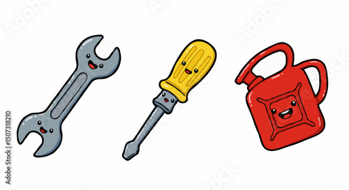 Cheerful cartoon wrench, screwdriver, and gas can characters smiling and posing on a white background with spaces for text