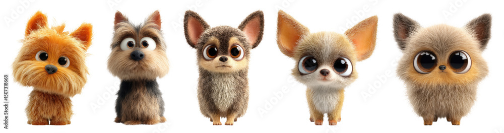 Fototapeta premium PNG Cute fluffy cartoon puppies, element set on transparent background