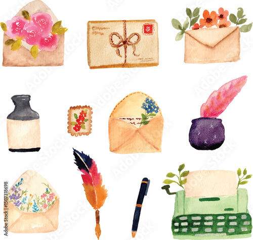 letters and flower envelopes watercolor