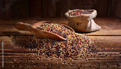  Quinoa on a Rustic Table - _Uncooked tri-color quinoa grains spread on a rustic wooden table 