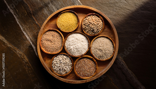 Grain Sampler Display – A sampler platter with small piles of different grains: wheat, corn, rice, oats, barley, quinoa, millet, sorghum, and rye, arranged in a circle 
