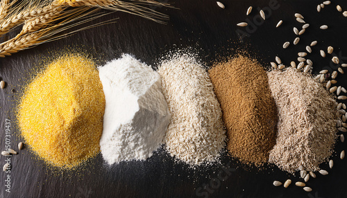Close-up of assorted grain flours—wheat, cornmeal, oat flour, rice flour, and rye—neatly poured in lines on a dark slate background with grain heads nearby, bakery photography style