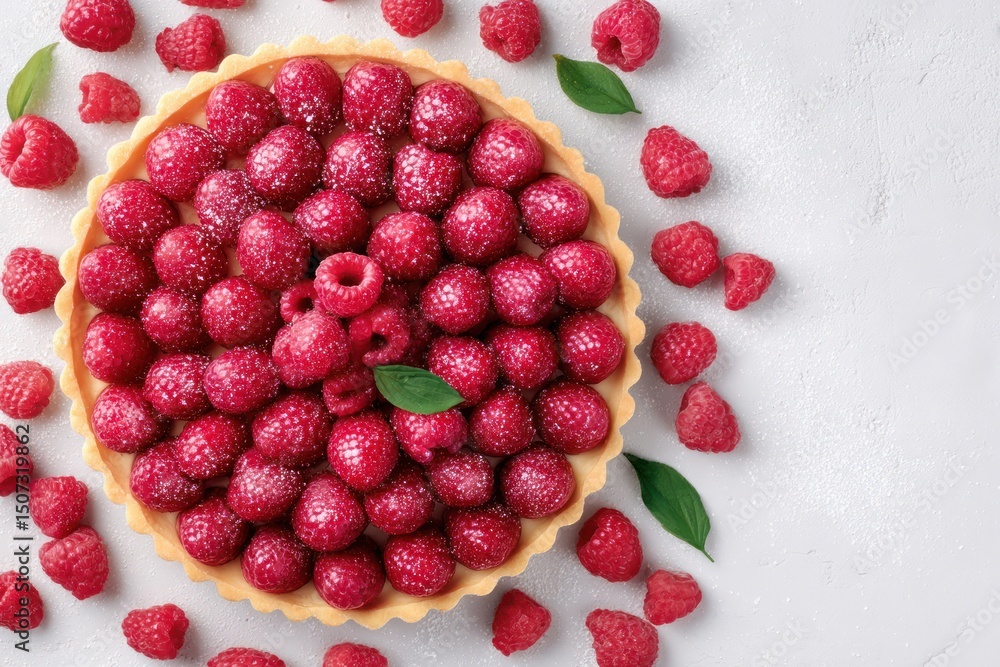 Fresh Raspberry Tart Surrounded by Wholesome Berries and Leaves Fresh Raspberry Tart Surrounded by Wholesome Berries and Leaves