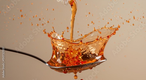 Vibrant Liquid Vitamins Poured into Spoon with Splash Effect – Health and Wellness Concept photo