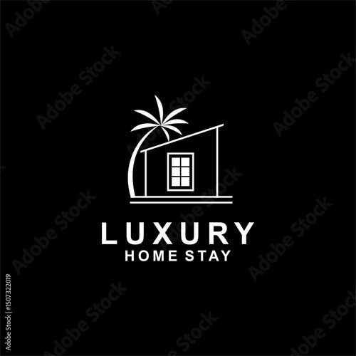 Luxury Villa Logo Design with Tropical Palm House Symbol for Vacation Rental Business Real Estate Company or Modern Resort Branding Concept in Clean Vector Style