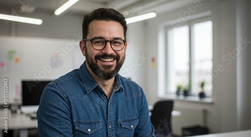 Smiling man in an office setting, wearing glasses and denim shirt