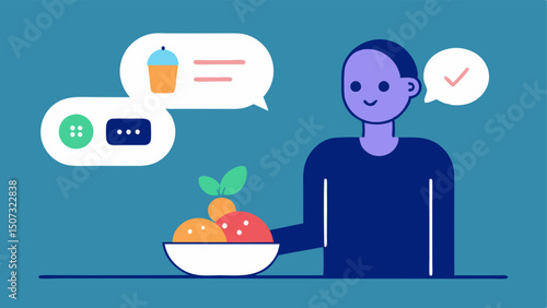 Nutrition Guidance A vector image depicting an AI analyzing a plate of food providing recommendations for healthier ingredient substitutions via a speech bubble.