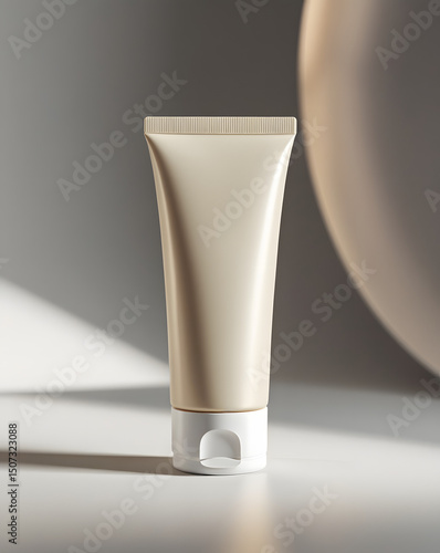 Photorealistic close-up of elegant cream tube with smooth matte surface, subtle shadows and soft reflections, set against neutral gradient background, showcasing minimalist skincare packaging design.