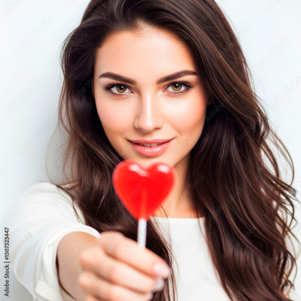 A beautiful woman offering to me heart-shaped lollipop on white background A beautiful woman offering to me heart-shaped lollipop on white background