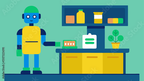 Eco Product Showcase A showcase table filled with various ecofriendly products overseen by a robot mentor who describes the benefits of each item to interested shoppers.