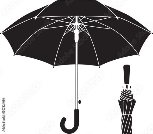 Umbrella in the Rain: A monochromatic artistic depiction of an umbrella shielding from a downpour, emphasizing protection and weather-related elements.