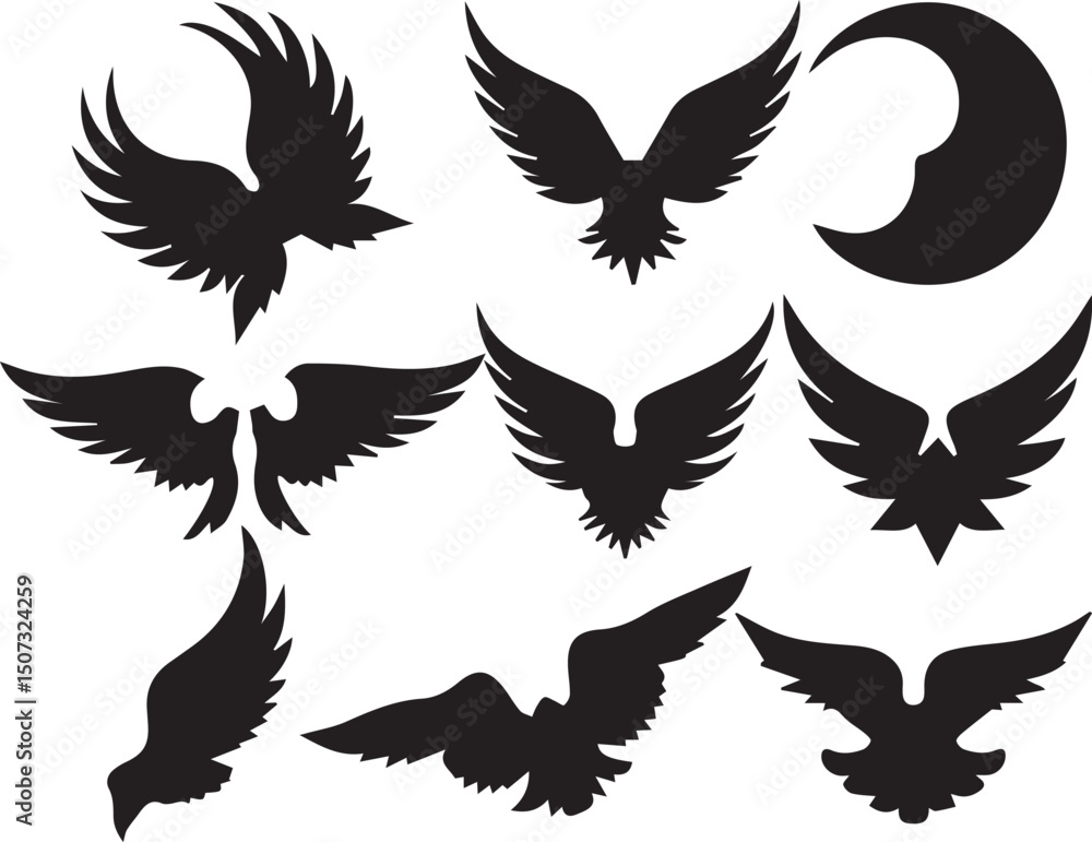 Obraz premium Black Wing Silhouette Vector Set – Bird, Angel, Tribal, and Abstract Wing Icons