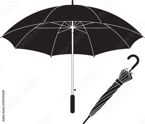 Umbrella in the Rain: A monochromatic artistic depiction of an umbrella shielding from a downpour, emphasizing protection and weather-related elements.