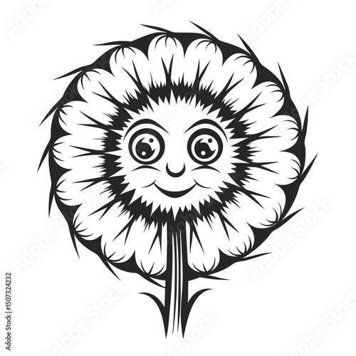 Whimsical Dandelion Seed Head Character Illustration in Black and White Outline                                                                       
