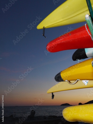 Row of surfboards are leaning against a wall