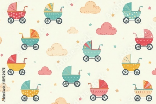 Cute whimsical stroller pattern, pastel colors, children, print, art