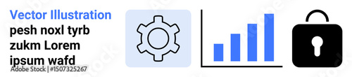 Gear for settings, bar graph for analytics, lock for security. Ideal for tech, business, strategy, privacy, data management, optimization simple landing page