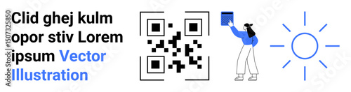 QR code alongside placeholder text, a character scanning or interacting with a book, and a minimal sun icon. Ideal for tech, interaction design, e-learning, branding, app promotion, digital