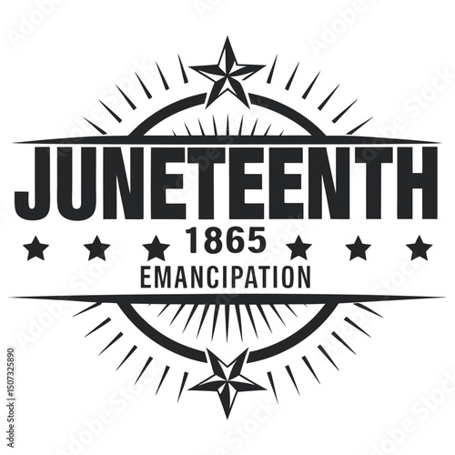 Juneteenth Emancipation Symbol: 1865 Graphic with Stars and Rays in Black and White for Freedom Day Celebration.                                      