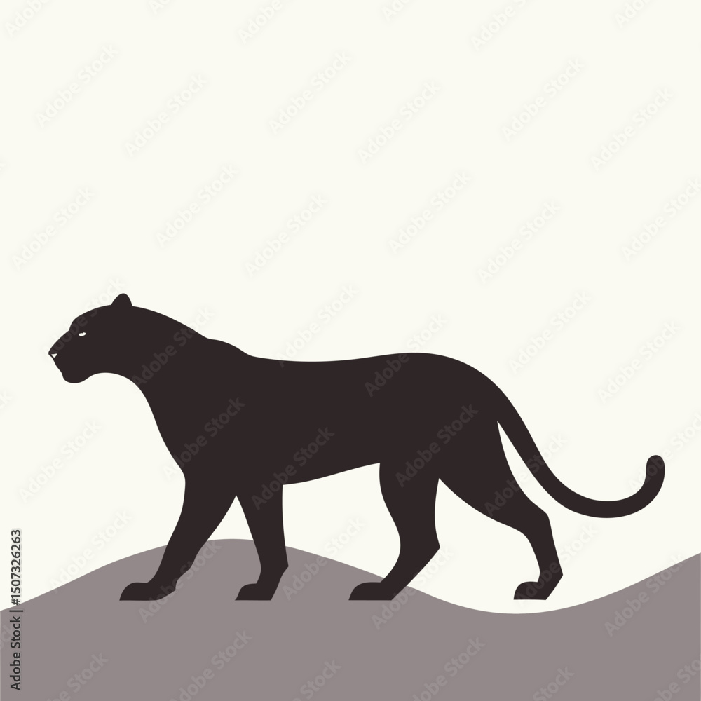Fototapeta premium Black panther silhouette walking on hills minimalist style wildlife illustration art.
