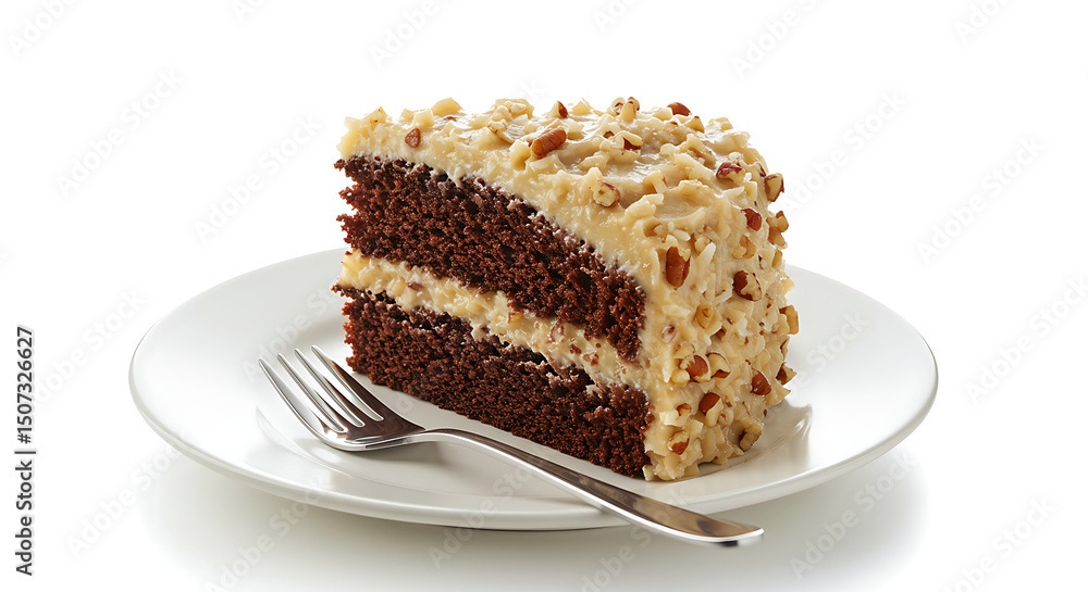 German chocolate cake slice with coconut-pecan frosting and moist chocolate layers, on a white ceramic plate with silver fork, isolated against a pure white background, soft shadows, rich detail German chocolate cake slice with coconut-pecan frosting and moist chocolate layers, on a white ceramic plate with silver fork, isolated against a pure white background, soft shadows, rich detail
