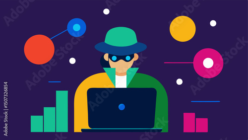 Data Analysis A detective engrossed in analyzing data on a laptop with graphs and facial recognition results popping up in colorful bubbles around the screen.