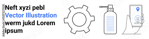 Gear symbolizing process, sanitizing spray for cleanliness, and smartphone with location pin for navigation. Ideal for technology, hygiene, logistics, process optimization, health, travel simple