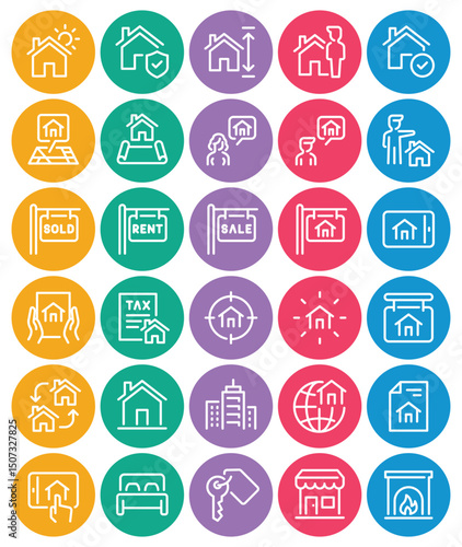 Circle color outline icons set for Real estate
