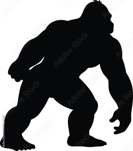 Silhouette of a Large, Muscular Gorilla Walking on All Fours, Isolated on White Background. Powerful Ape, Hominidae Mammal for Wildlife Illustrations 