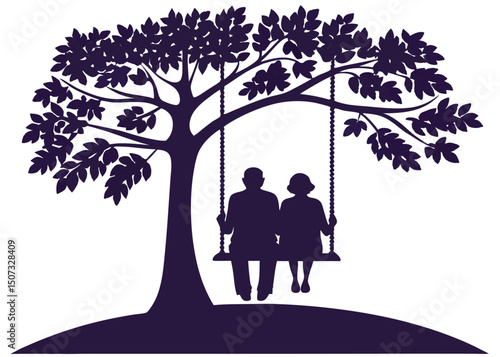 Couple Swinging Under Tree Silhouette Vector Illustration Romance Togetherness