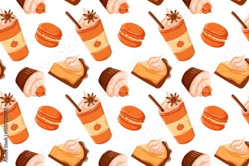 Seamless pattern with various pumpkin treats pie slice, cupcake and pumpkin spice coffee in cartoon. Design for autumn or Thanksgiving, package, background and kitchen wallpaper design.