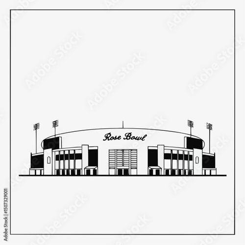 A detailed black and white illustration of a stadium