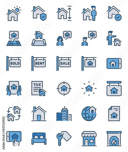 Filled blue outline icons set for Real estate